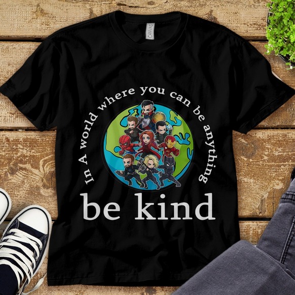 Marvel Avengers Team In A World You Can Be Anything Be Kind Unisex Adult T-shirt - Picture 1 of 2